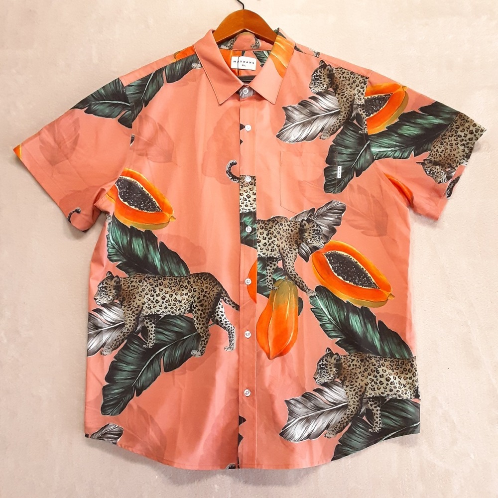 Mavrans Mens Fruta Bomba Weekend SS Button Shirt 2XL Coral Leopard Print